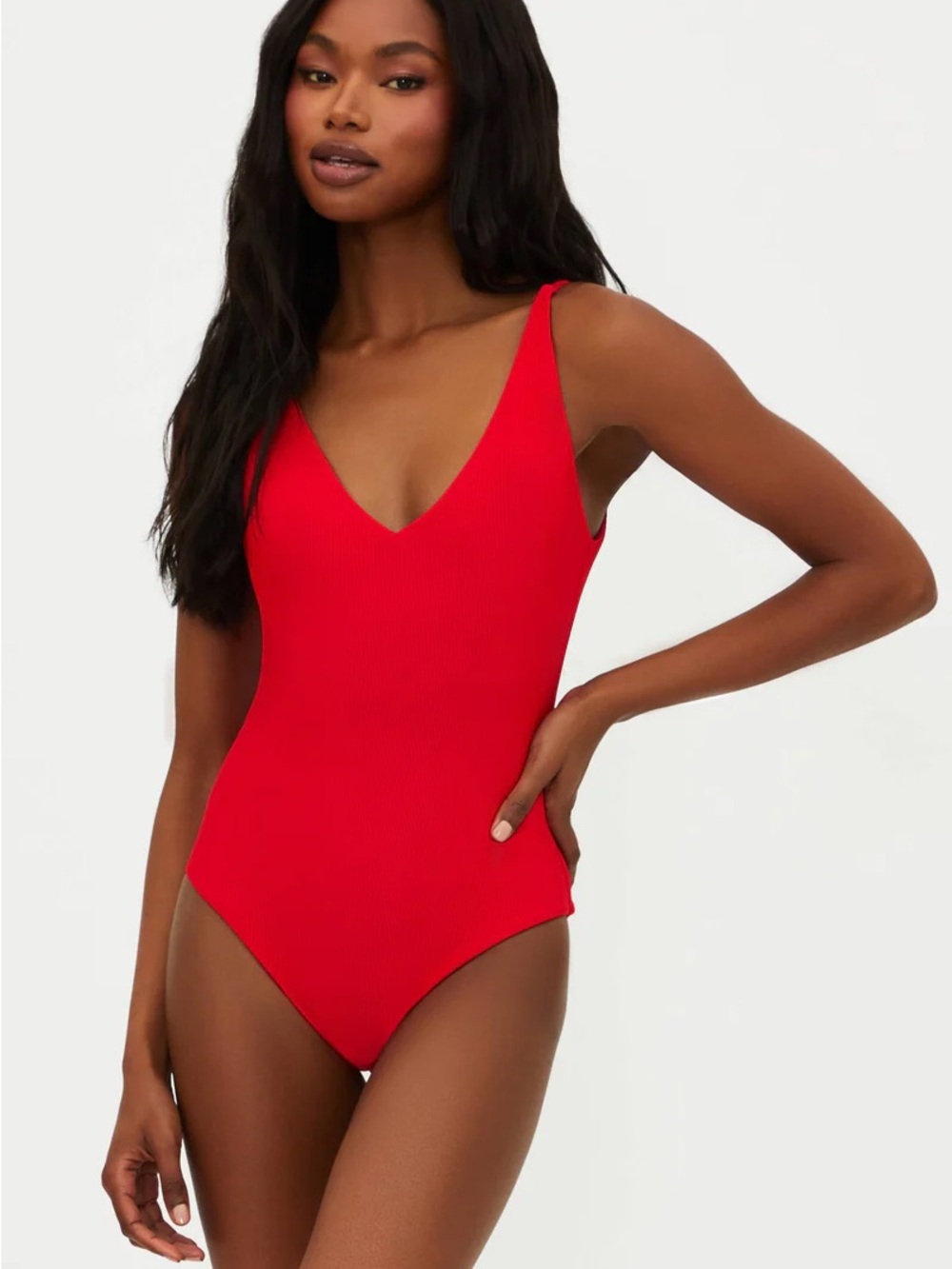 Beach Riot Red Ribbed V-Neck One-Piece Swimsuit size large